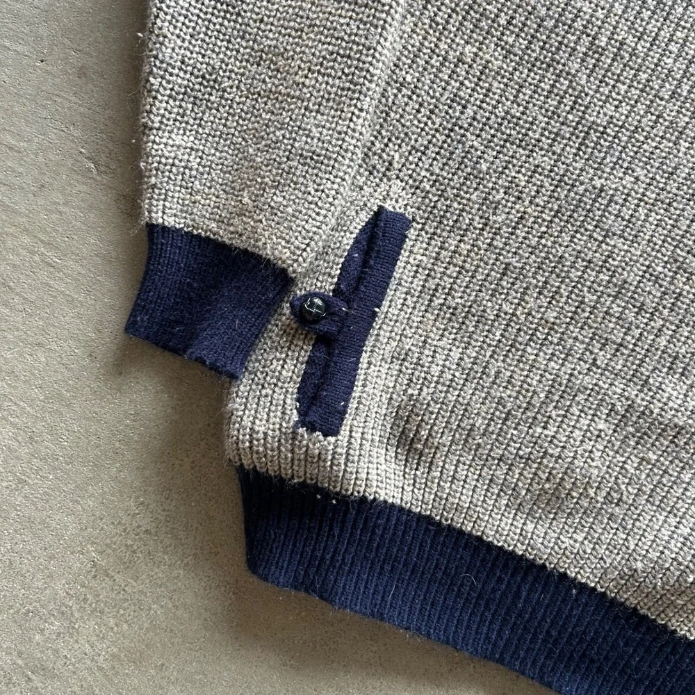 Vintage 70s Franconia Henley Sweater Size XL Tan Navy Blue Collared Pullover